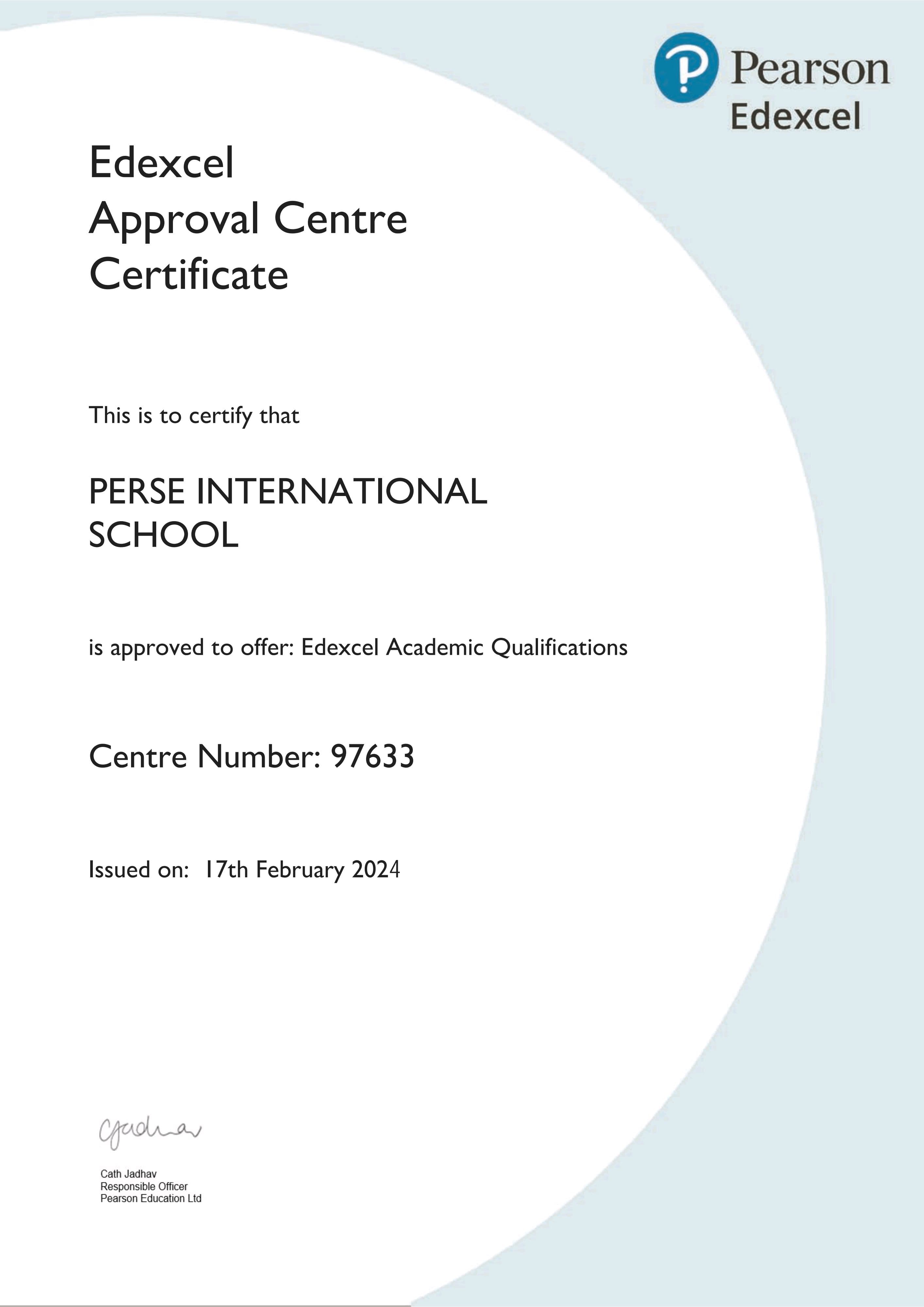 Center Approval Certificate Front