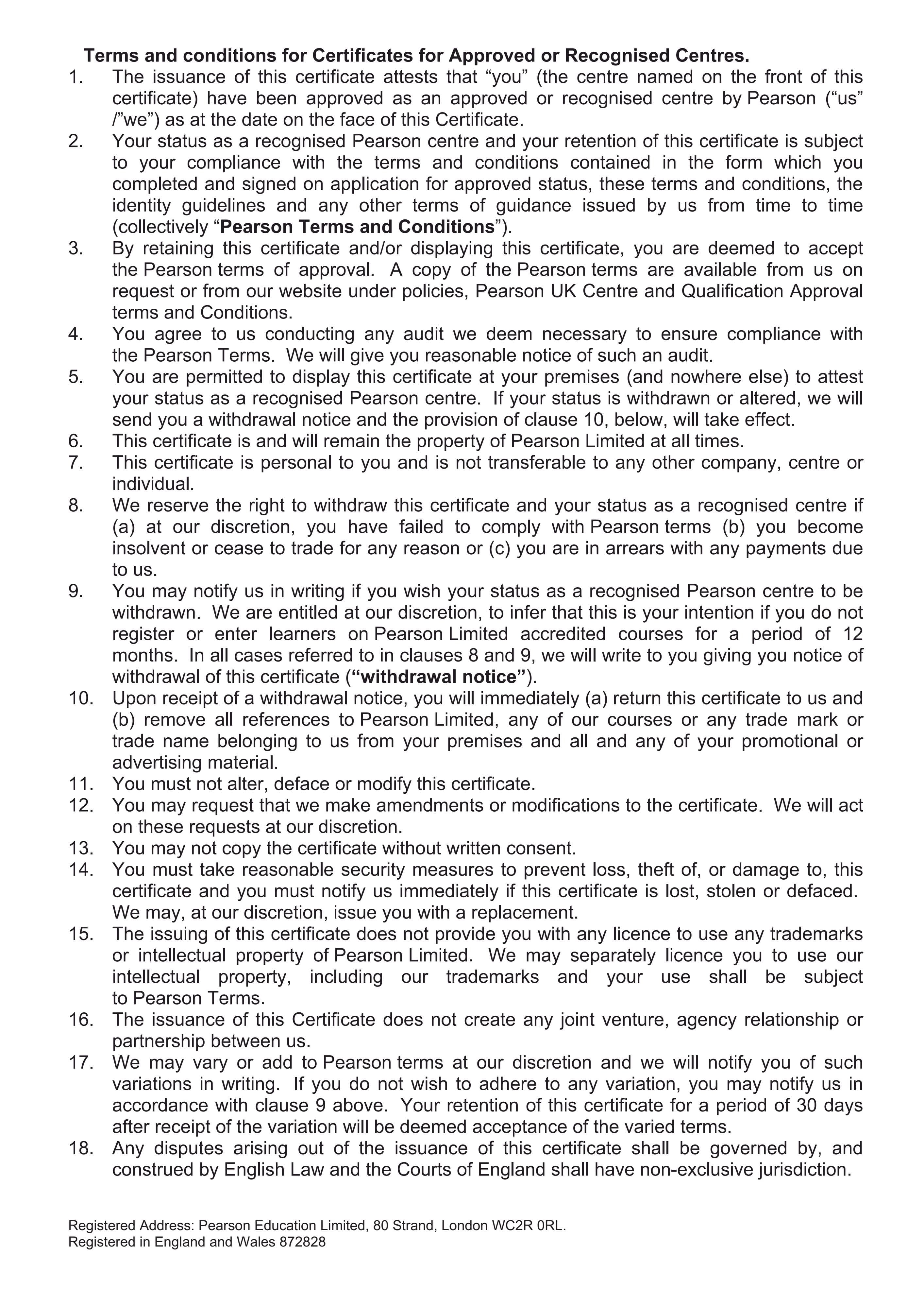 Center Approval Certificate Back